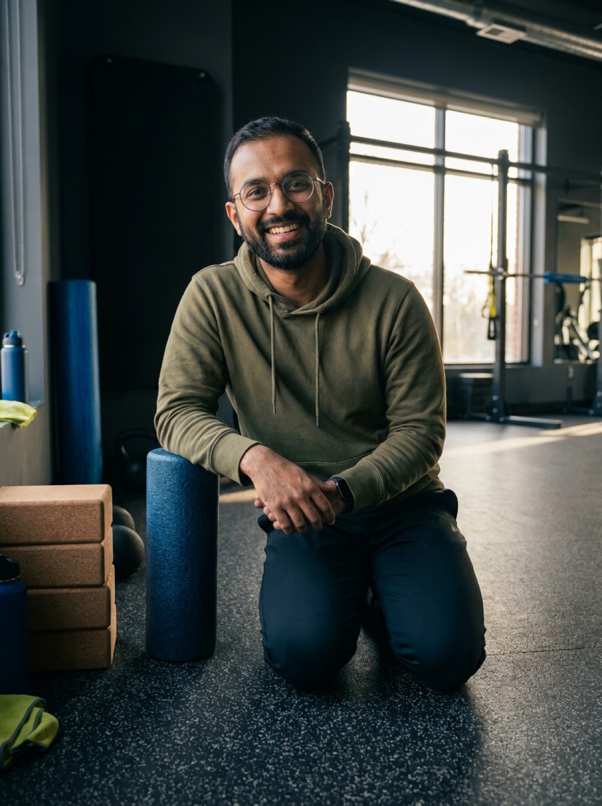 Dev Raman kneeling beside a foam roller in the mobility corner, grinning