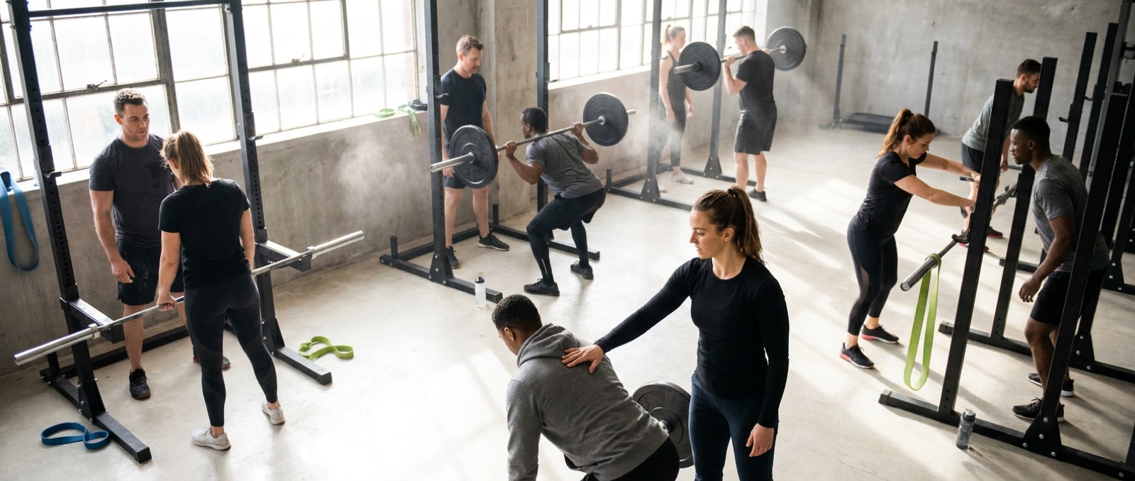 A morning strength class mid-session, members at squat racks while a coach adjusts one person's bar position