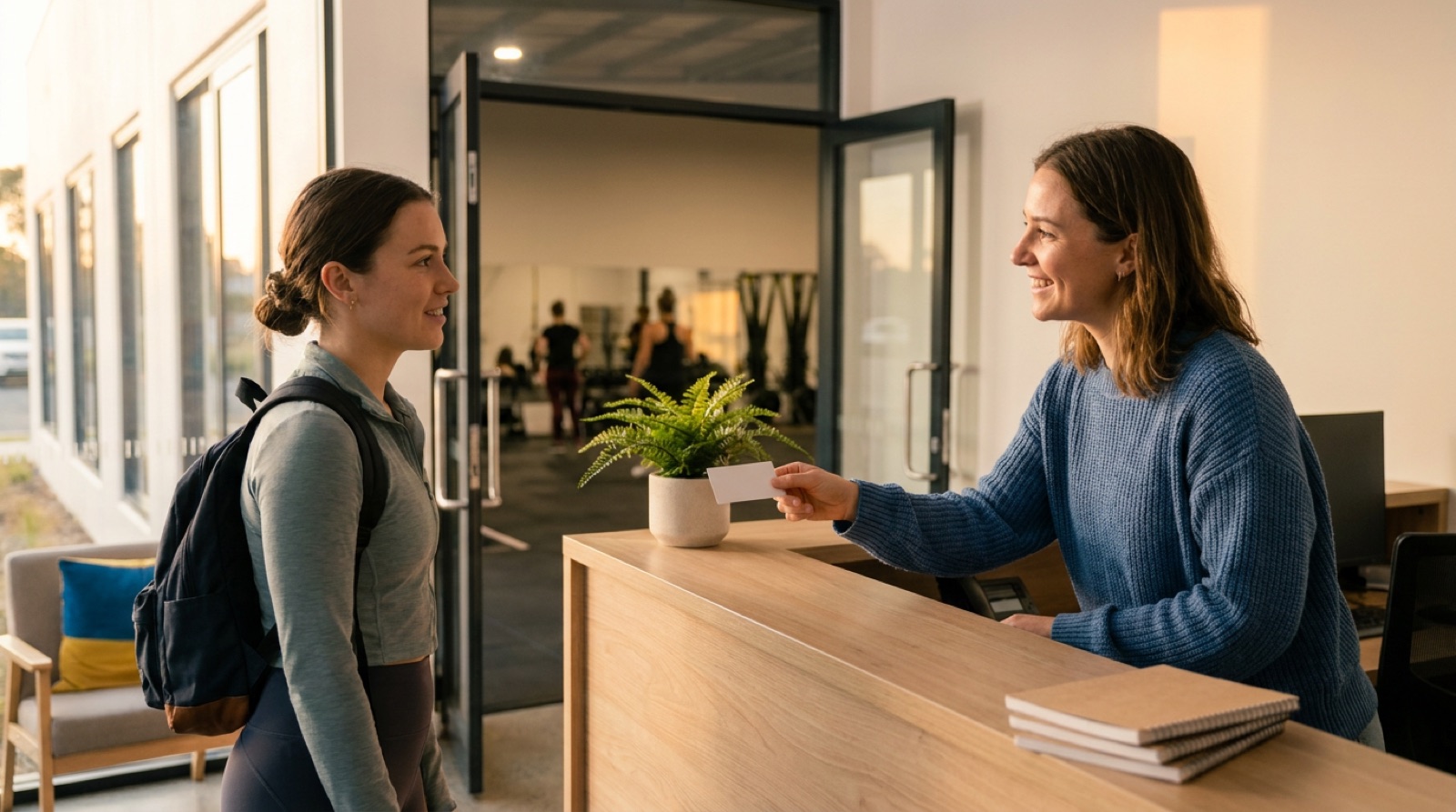 The studio lobby at opening time, a coach at the front desk greeting a first-time visitor