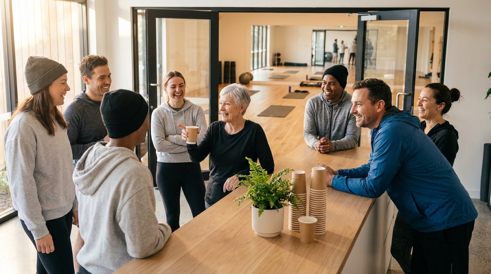 Members with coffee cups talking in the studio lobby after the Sunday class