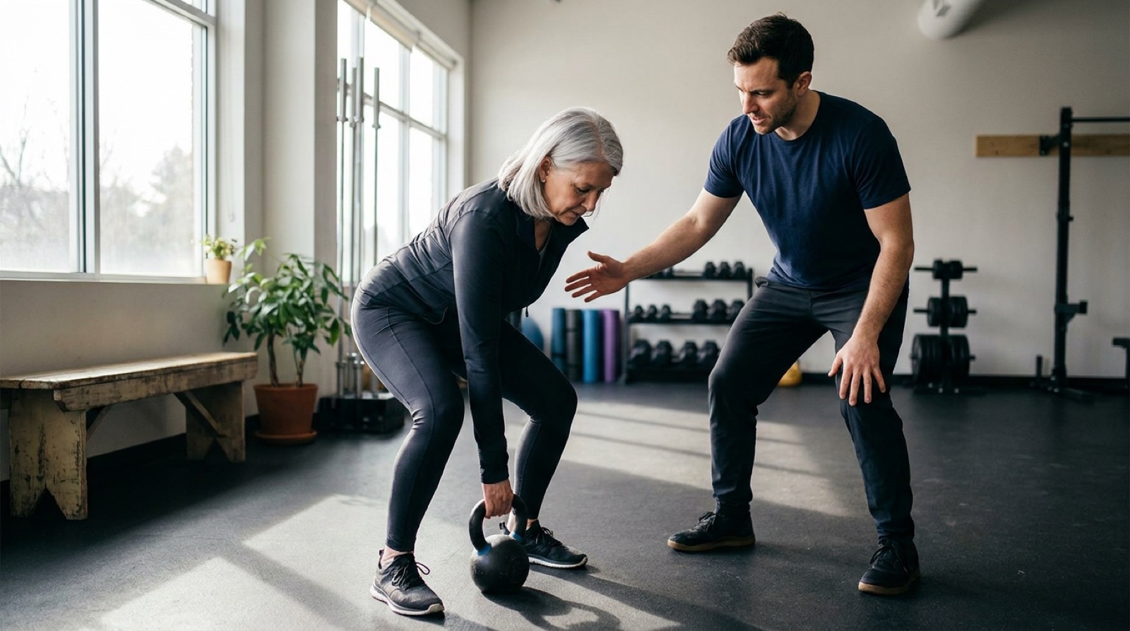 A coach and a client in their sixties working through a kettlebell deadlift in the small back studio