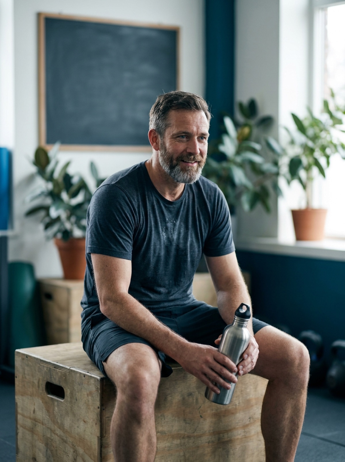 A man in his forties sitting on a plyo box in the studio lobby, water bottle in hand
