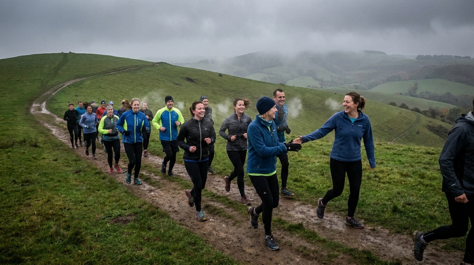 A group of about twenty members walking up a grassy hill trail with weighted packs on a cool, overcast morning